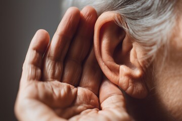 Elderly person with wrinkled hand trying to listen and eavesdrop on a conversation
