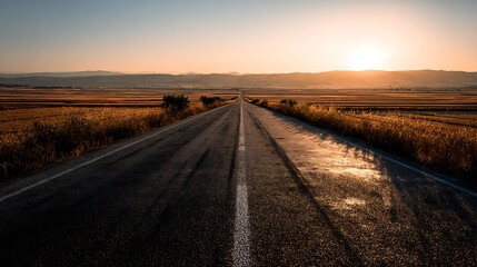 Fototapeta premium Photorealistic 3D rendering capturing vastness and simplicity of nature's journey path bathed in warm hues shows straight road leading into distance with golden sunlight casting long shadows over it a