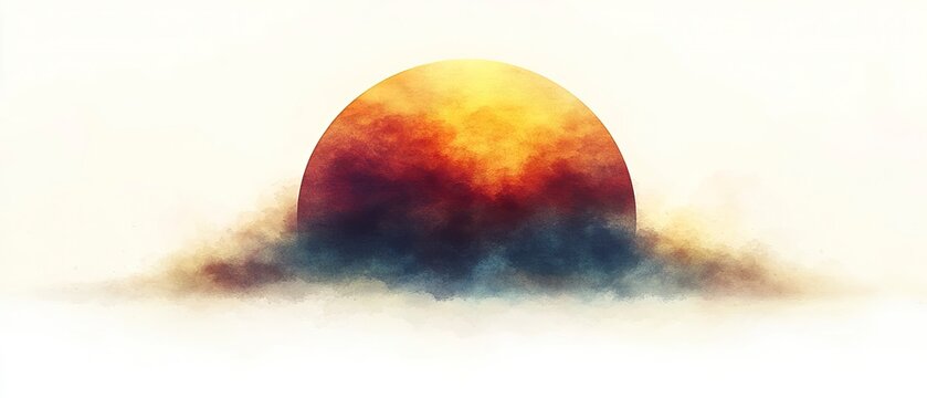 Watercolor Eclipse: Celestial Sphere Emerging from Earthy Clouds, Abstract Art