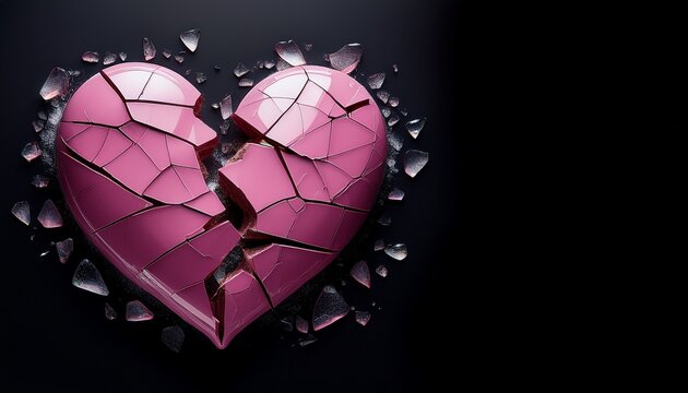 a broken cracked pink heart with shattered glass like pieces against a black background space for copy