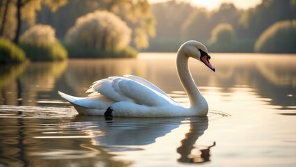Fototapeta premium A swan gracefully swimming on calm water during sunset or sunrise. Nature and wildlife, serenity, peacefulness. The tranquil scene of a swan on a lake.