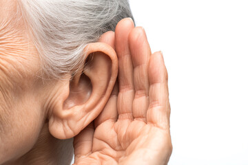 Obraz premium Senior woman with white hair trying to listen and eavesdrop, isolated on white