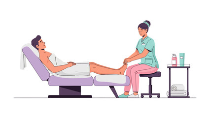 Professional therapist provides a relaxing foot massage to a client lying on a comfortable treatment bed