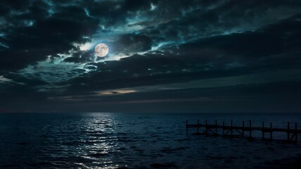 Dramatic dark clouds illuminated by moonlight over a calm ocean with a distant pier at night