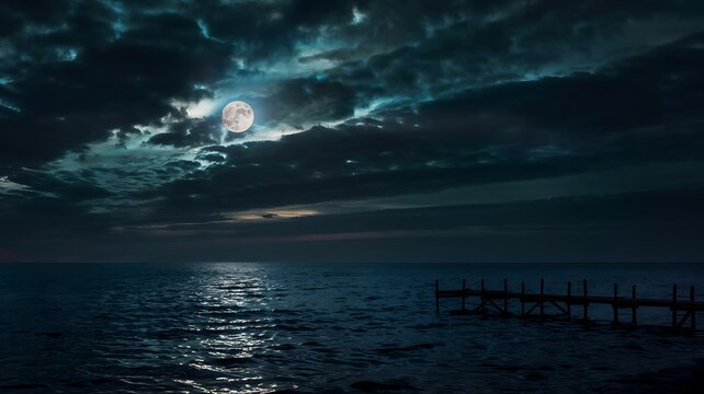Dramatic dark clouds illuminated by moonlight over a calm ocean with a distant pier at night