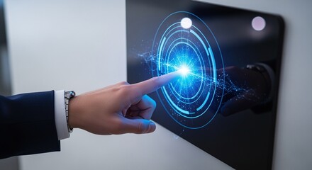 Closeup of a hand touching a futuristic touchscreen interface with glowing blue digital graphics and concentric circles