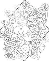 Intricate floral mandala coloring page for relaxing creative expression and artistic therapy white background