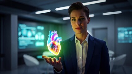A stylish medical professional presenting a futuristic holographic human heart display for advanced cardiological diagnostics