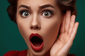 Close-up of a shocked retro woman trying to listen and eavesdrop on a secret