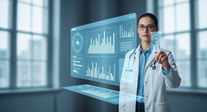 Female doctor in white coat interacting with a futuristic holographic medical interface displaying charts and data, representing healthcare technology