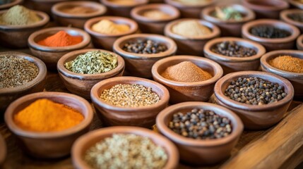 Fototapeta premium Assorted spices in small bowls. Colorful and aromatic spices displayed in numerous small, terra cotta bowls, showcasing a variety of textures and colors