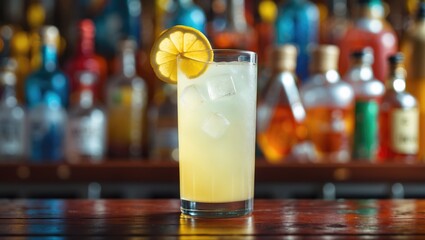 A cold lemon drink with ice in a tall glass, garnished with a lemon slice, in front of a colorful bar backdrop.