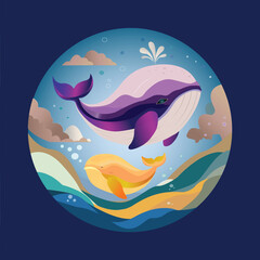 Colorful illustration of whales swimming in ocean waves  