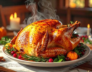 Fresh from the Oven: A Steaming Turkey Garnished for the Feast