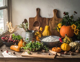 A Charming and Rustic Kitchen Scene with Autumn Harvest Decor