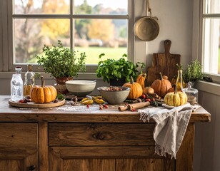 A Bountiful Display of Harvest Ingredients in a Farmhouse Kitchen