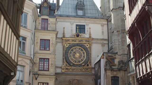 Le Gros-Horloge Rouen France. Beautiful architecture of the tower and clock, historical building, tourist attraction.