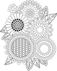 Intricate floral mandala coloring page for relaxing creative expression and stress relief white background