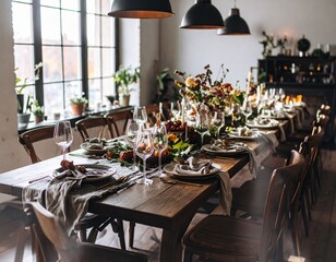 A Long Rustic Dining Table, Beautifully Set for a Holiday Gathering