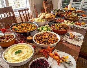 A Perspective View of a Thanksgiving Table Laden with Food