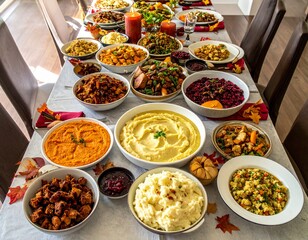 A Bountiful Top-Down View of a Thanksgiving Feast Spread