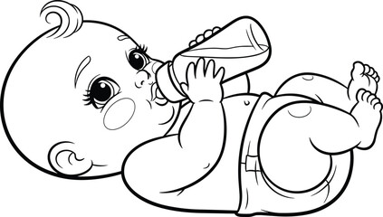 Baby, drinking, bottle, vector illustration, black and white, infant, sketch, feeding, cartoon, milk, adorable, line art, cute, nursing, nourishment, character, playful,