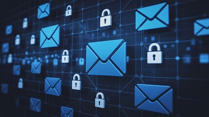 Digital communication security concept with glowing blue email envelopes and white padlock icons on a dark grid background