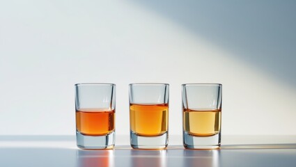 Three glasses filled with amber-colored liquid placed on a reflective surface.