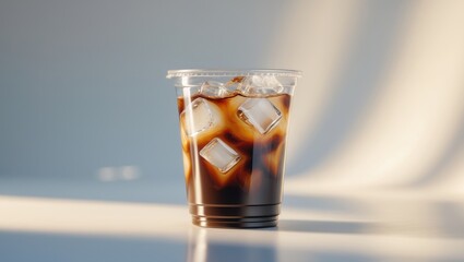 Cold beverage with ice cubes in a plastic cup, likely iced coffee or tea. Refreshing drink, cold drink, beverage. Summer refreshment and chilled beverages.
