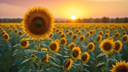Obraz premium A sunflower field at sunrise with the sun rising in the background. Summer and nature, floral scenery, vibrant colors.