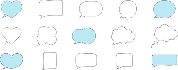 Set of blank speech bubble in flat design, chatting box, message box icon. Balloon doodle style of thinking sign symbol. Speech bubble isolated on background.