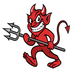 Evil Grinning Cartoon Devil with Trident | Mischievous Red Demon Character