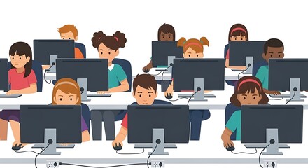 Diverse Young Students Engaged in Computer Learning Modern Educational Technology Class.
