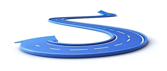 3D Render of a Winding Blue S-Curve Road with Directional Arrow on a White Background, Symbolizing Path, Progress, and Future Strategy