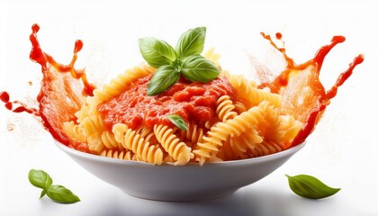 delicious fusilli pasta with tomato sauce splashing on white background
