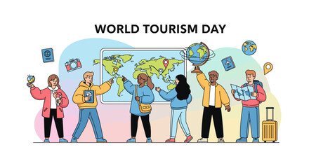 A diverse group of happy travelers celebrates World Tourism Day, exploring global destinations with maps, globes, and travel essentials.