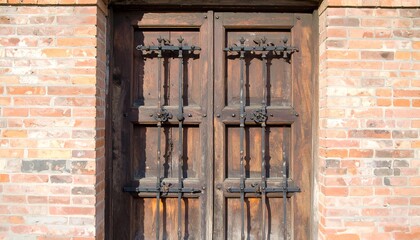 Vintage wooden doors in brick wall