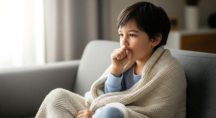 Little Boy Wrapped in Blanket Suffering from a Sickness