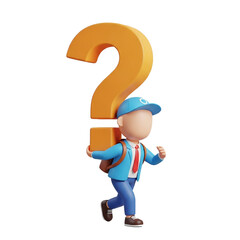 3d faceless cartoon character carrying a huge question mark isolated on white background, symbol of problem solving, doubt, and confusion
