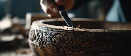 Artisan carving intricate patterns into a wooden bowl with a chisel indoors Closeup of craftsman shaping wood with hand tools Concept of woodworking, craftsmanship, and traditional art