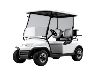 Sleek white golf cart with black roof fully visible isolated on transparent background PNG