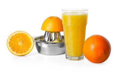 Freshly squeezed orange juice, fruits and juicer isolated on white