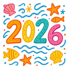 2026 Typography Illustration with Waves and Seashells in Playful Hand Drawn Doodle Style