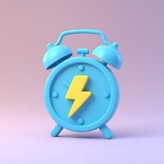 Blue cartoon alarm clock with yellow lightning bolt for fast charging or power outage concept render illustration