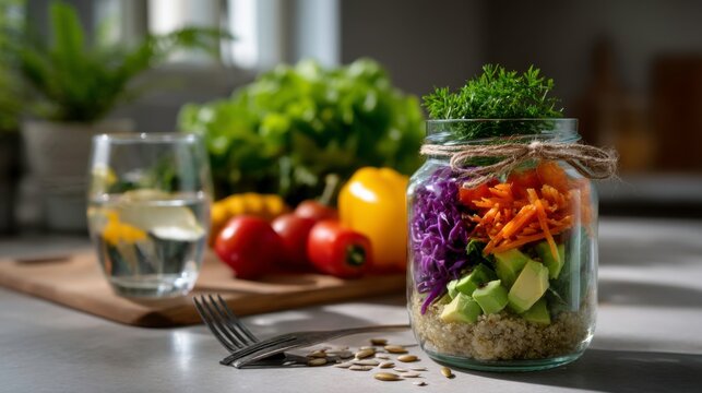 Healthy meal prep vibrant salad jar kitchen food photography bright environment close-up nutrition concept