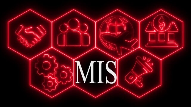 Animated neon mis concept with business icons and hexagonal frames