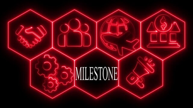Red neon milestone concept with icons representing business and progress