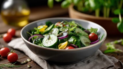 Fresh salad preparation in a rustic kitchen healthy food photography vibrant environment close-up view