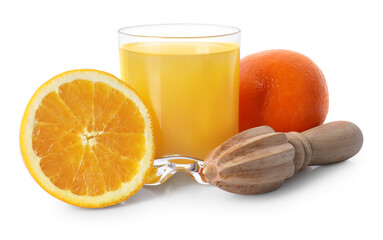 Freshly squeezed orange juice, fruits and juicer isolated on white