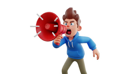 3d faceless cartoon character shouting through megaphone isolated on white background, symbol of communication, announcement, marketing, and advertising message
